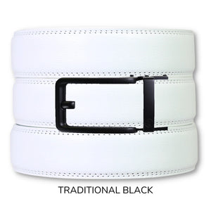 White Leather Ratchet Belt & Buckle Set