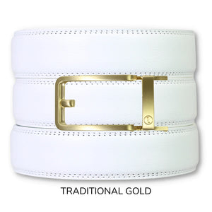 White Leather Ratchet Belt & Buckle Set