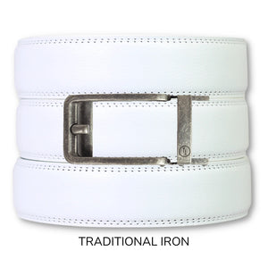 White Leather Ratchet Belt & Buckle Set